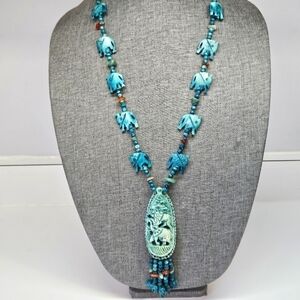 VINTAGE Carved Elephant Beaded Turquoise Large Pendant Fetish Necklace